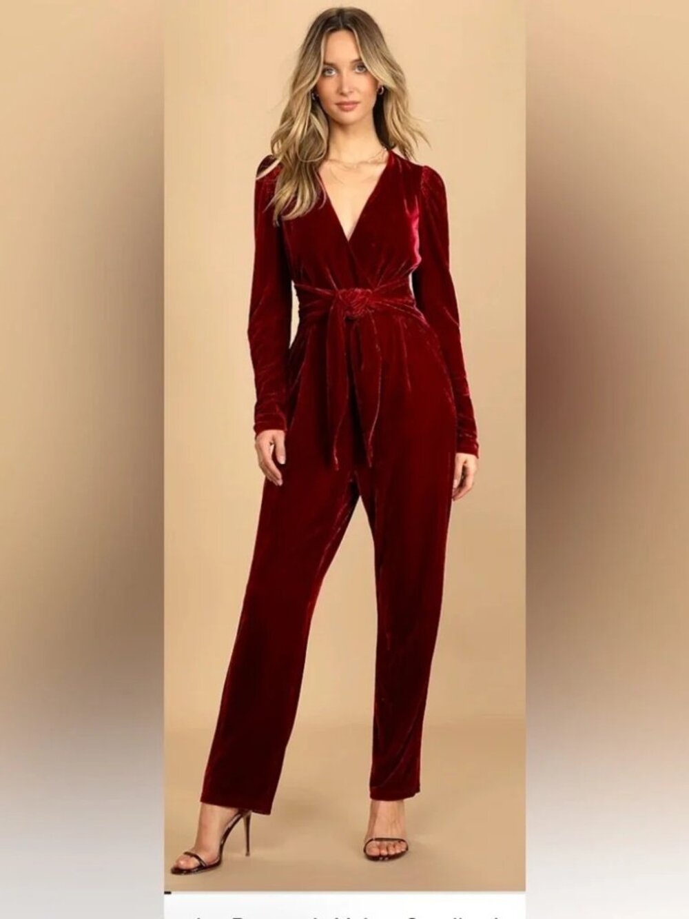 Lulus Feeling Festive Burgundy Velvet Surplice Long Sleeve Jumpsuit Holiday S
